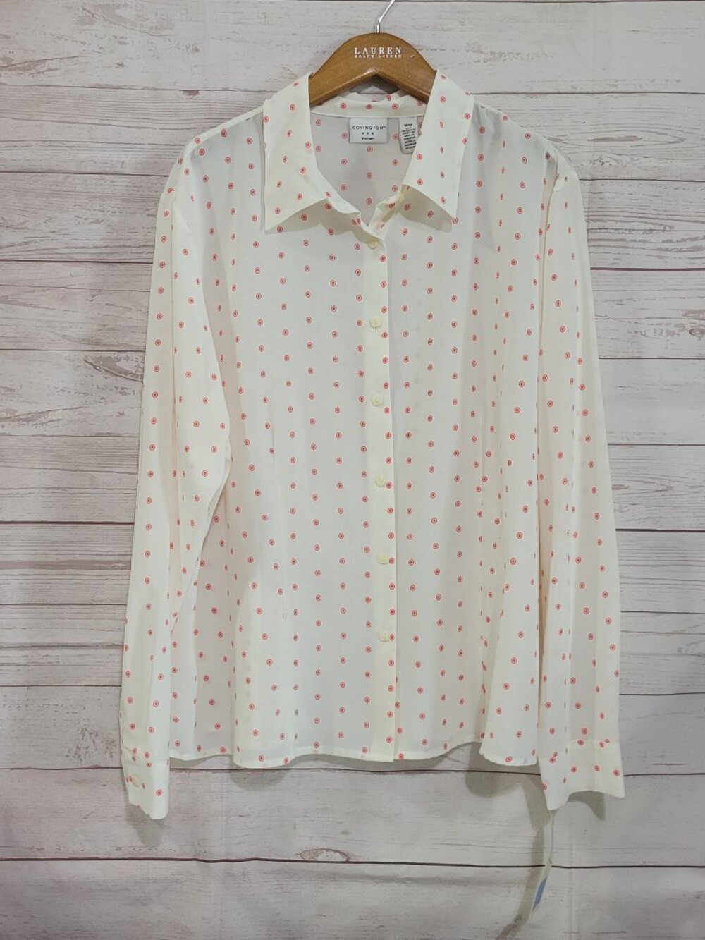 Covington Dotted Button Up Blouse Womens 18 W White Red Grannycore Semi Sheer